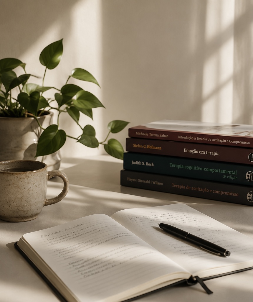 Livros de terapia cognitivo-comportamental, caderno de anotações e uma xícara sobre a mesa